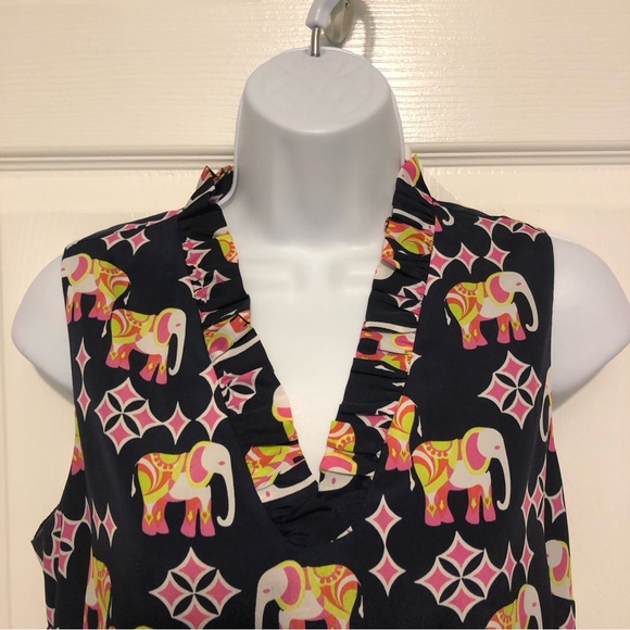 Crown & Ivy Elephant Shift Dress Blue Ruffle Collared Sleeveless V-neckline 6P - Picture 3 of 10